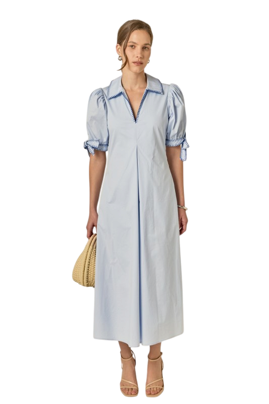 Stitch Detailed Midi Dress - Sky
