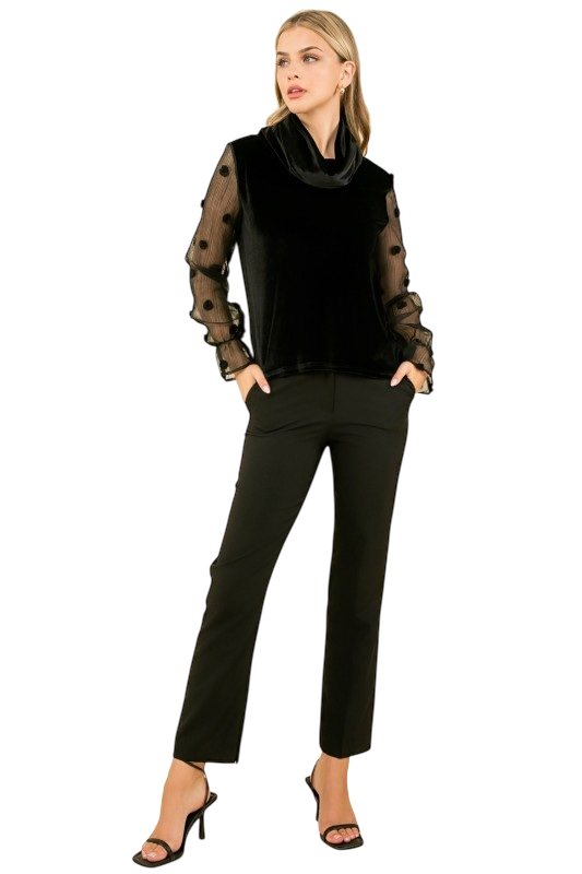 Velvet Turtleneck Mesh Sleeve Top