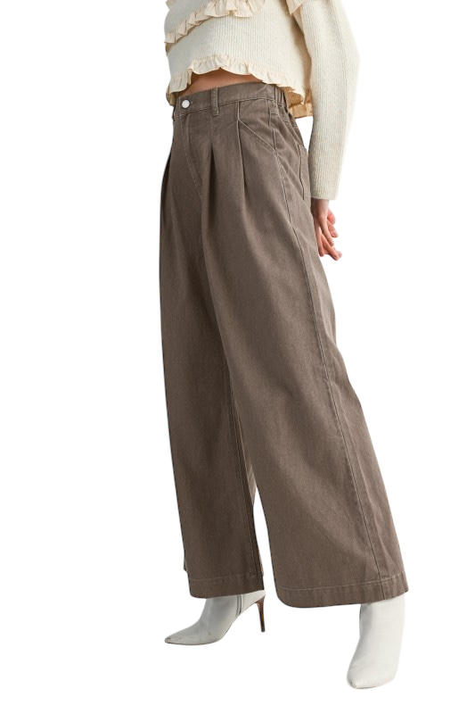 Pleated Wide Leg Jean - Light Brown