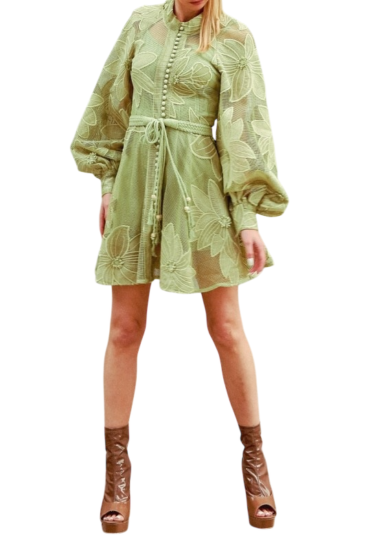 Floral Mesh Mini Dress w Braided Belt