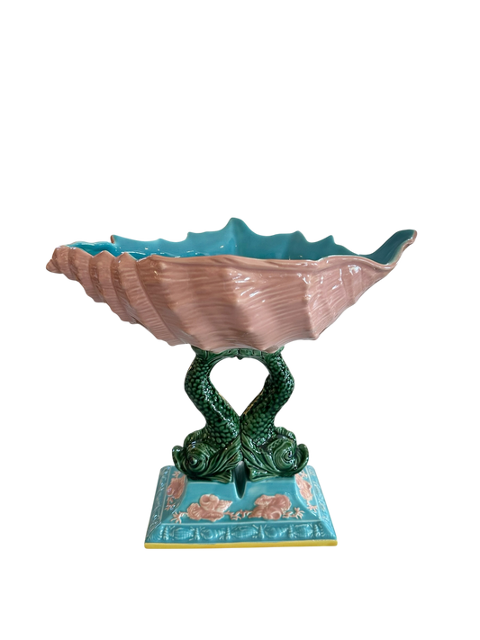 Vintage Italian Majolica Dolphin Seashell Compote