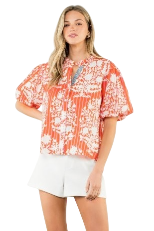Ruffle Neck Printed Top in Orange