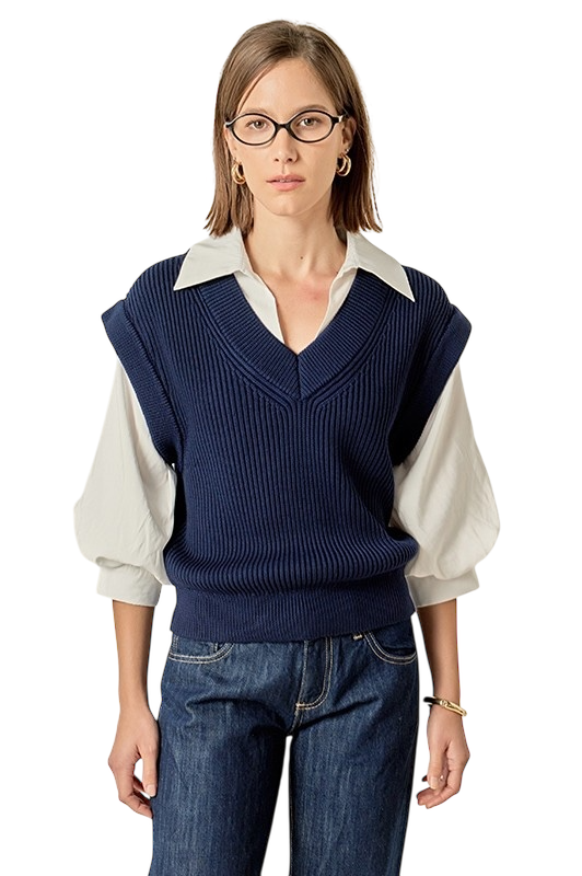 Mixed Media Top in Navy/White