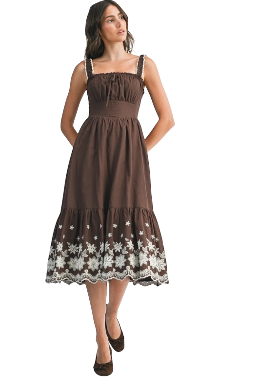 Scallop Hem Embroidered Midi in Chocolate