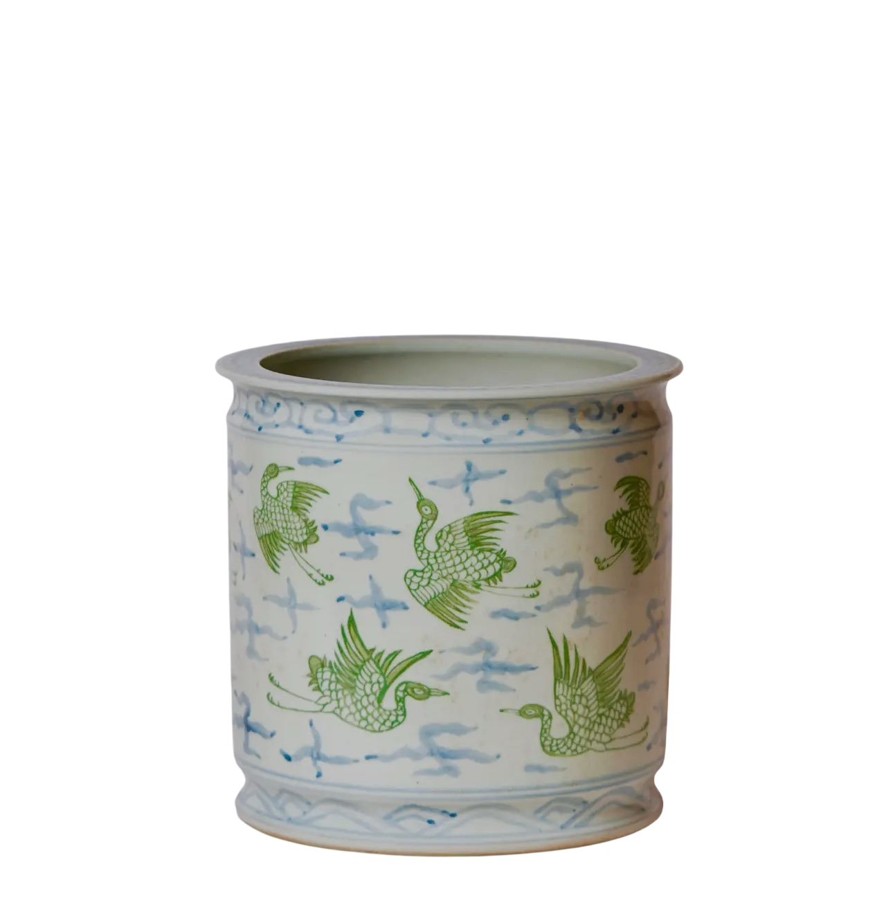 Cranes and Clouds Green and Blue Cachepot