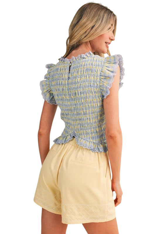 Plaid Smocked Lace Trim Top