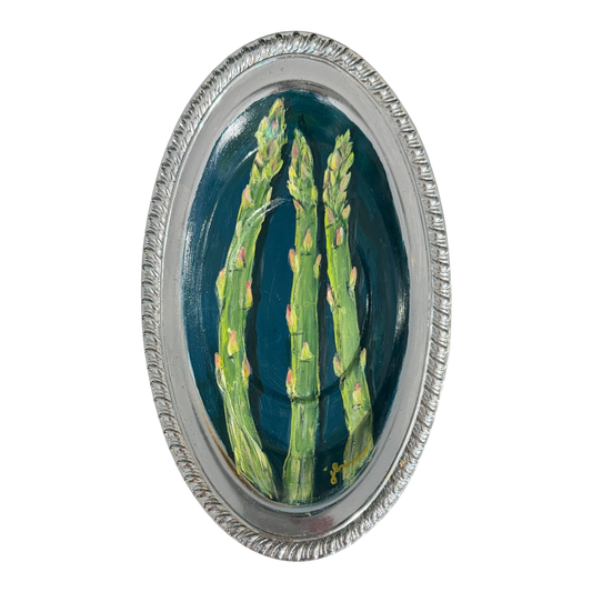 Jenn Leverett Art - Asparagus on Oval Silver / Blue