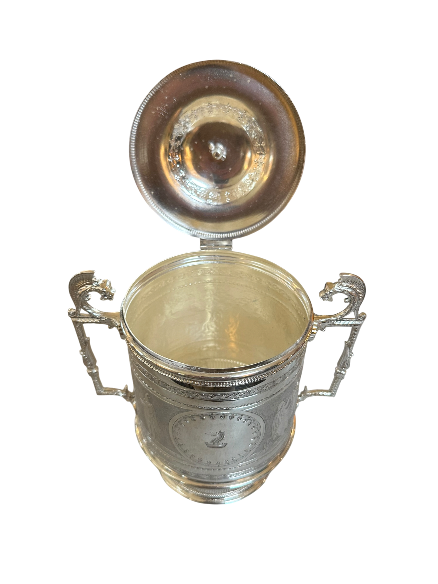 Crested Biscuit Box w/ Roman Scenes English Silver Plate c. 1875