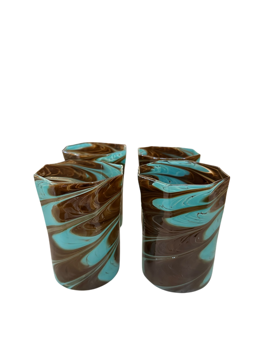 Set of 4 Short Brown/Turquoise Marbled Octagonal Twist Glasses