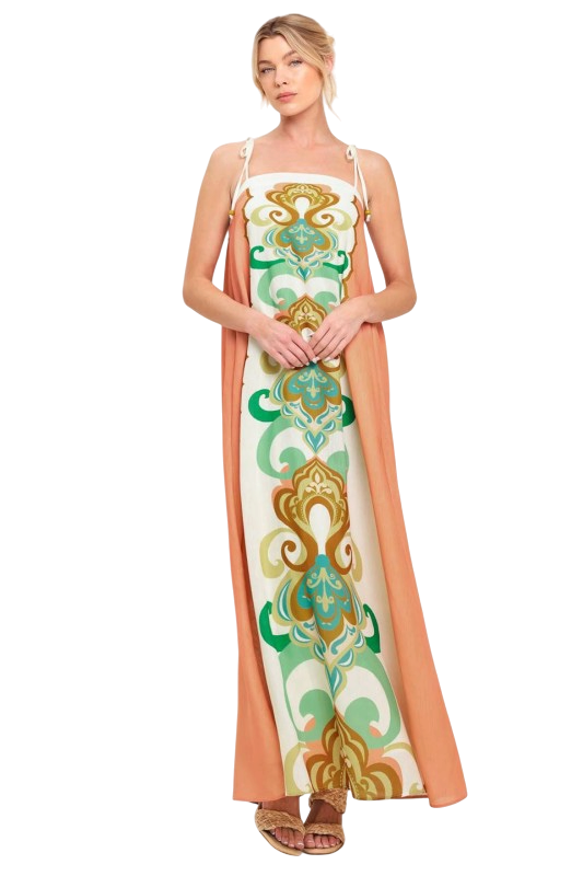 Green & Coral Ikat Print Maxi