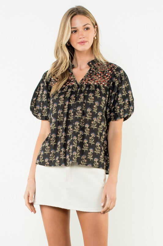 Puff Sleeve Block Print V Neck Top