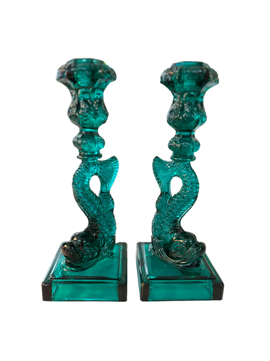 Pair of Vintage Glass Koi Dolphin Candlesticks / Teal