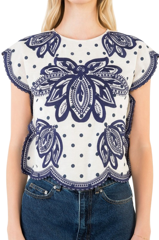 Short Sleeve Navy Embroidered Top