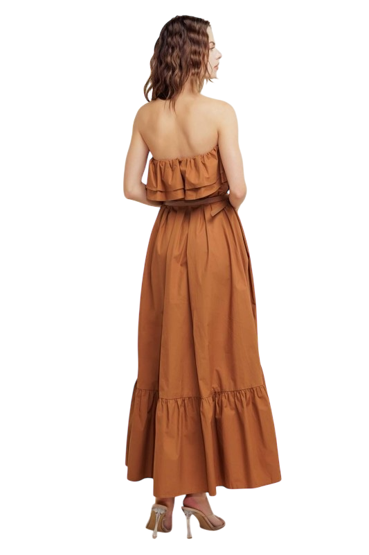 Cognac Poplin Off Shoulder Dress