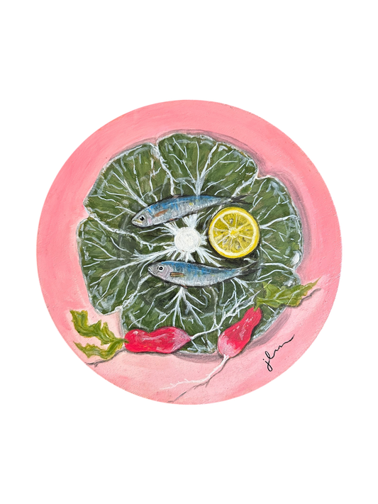 Jenn Leverett Art - Plated Sardines on Round Board
