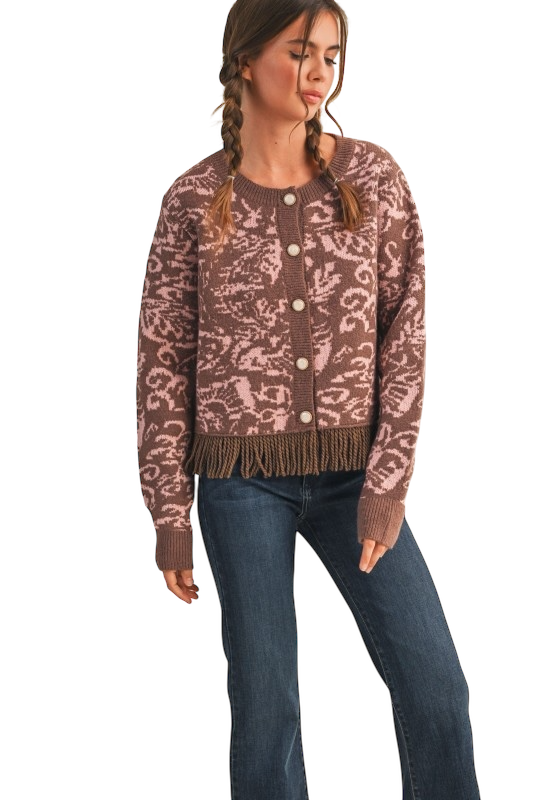Floral Knit Fringed Cardigan - Mocha Pink