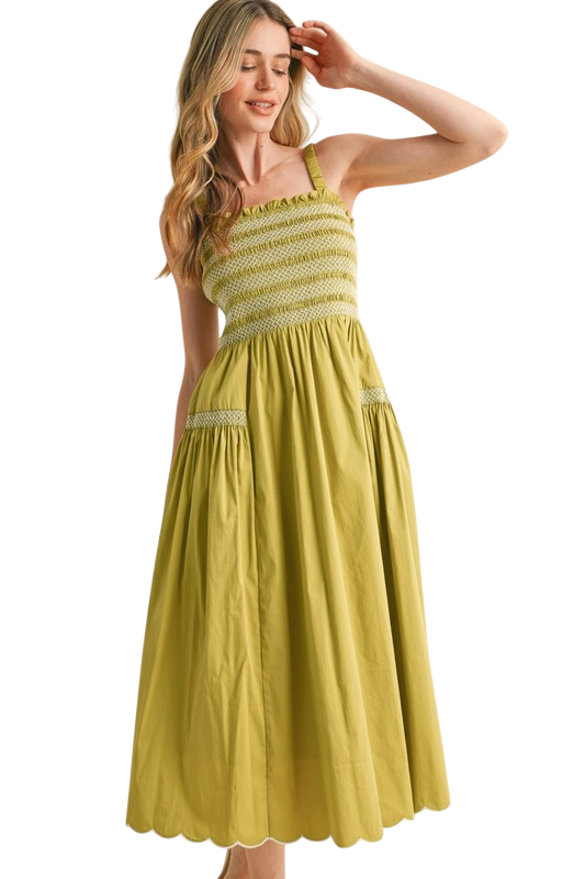 Smocked Scallop Edge Midi Dress