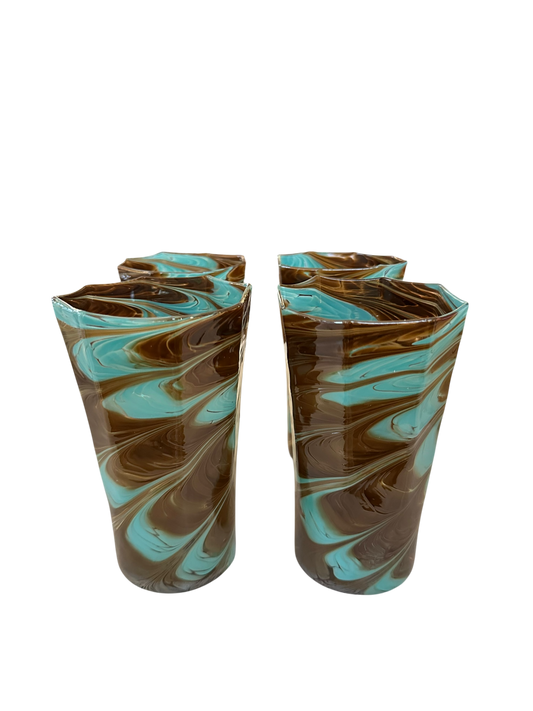 Set of 4 Tall Brown/Turquoise Marbled Octagonal Twist Glasses