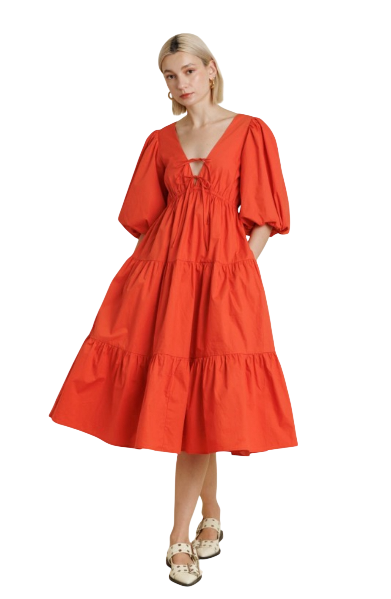 Puff Sleeve Poplin Tiered Midi