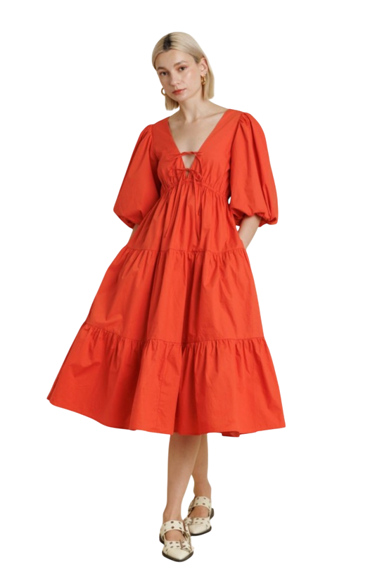 Puff Sleeve Poplin Tiered Midi