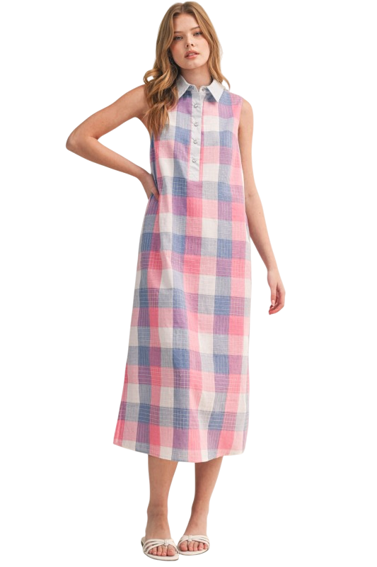 Checkered Plaid Button Down Midi Dress