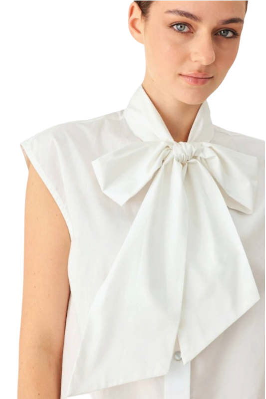 Sleeveless Poplin Tie Front Top - White
