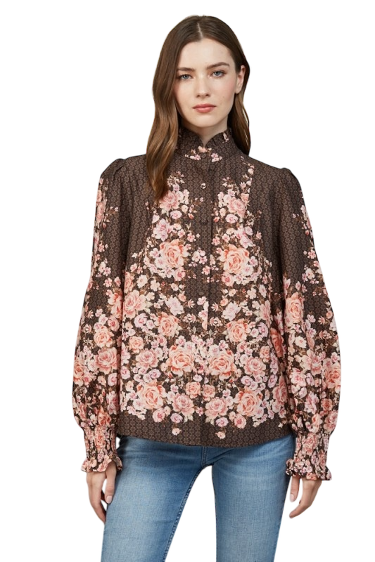 Ruffled Mandarin Collar Floral Blouse