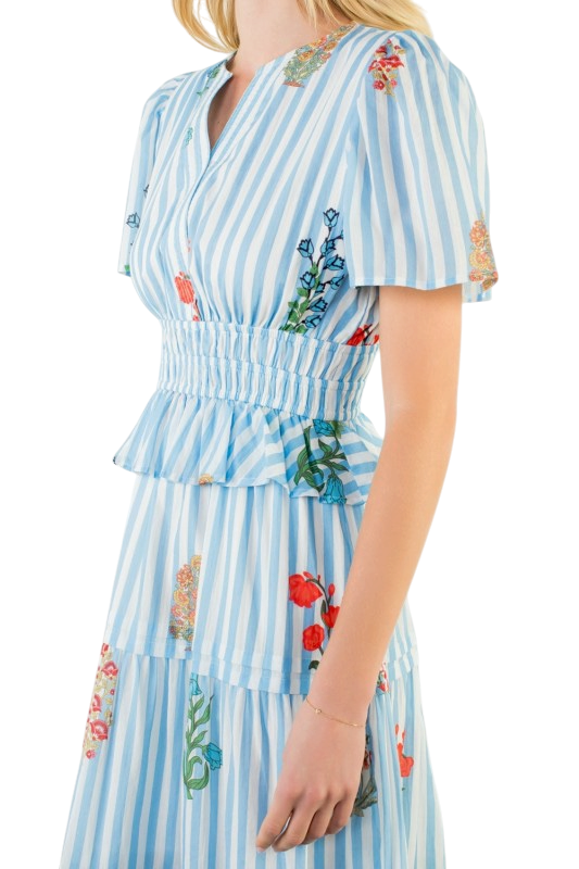 Tiered Blue Floral Stripe Midi