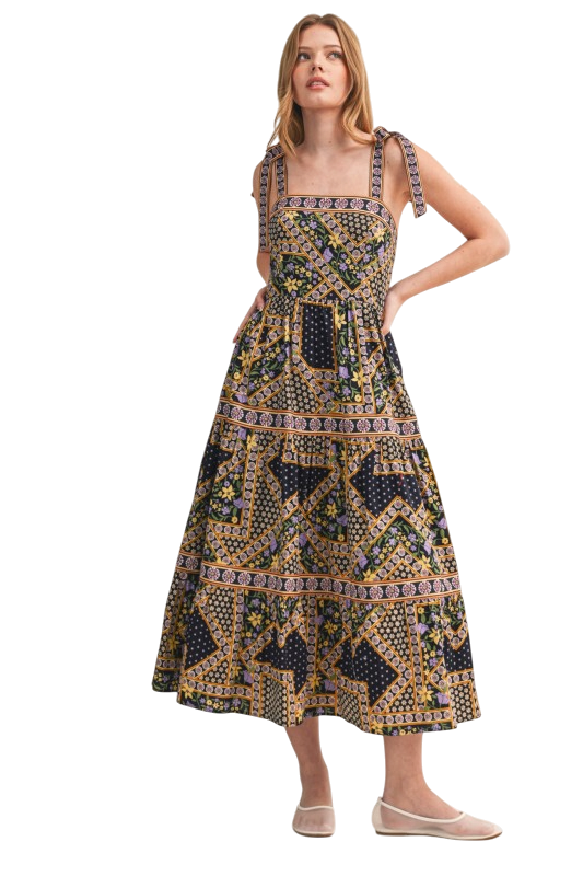 Patchwork Print Tie Shoulder Midi