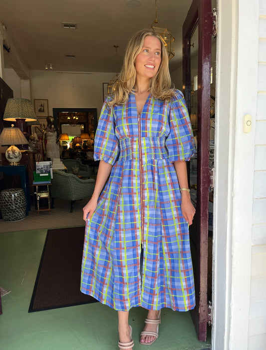 Zip Front Multicolor Plaid Midi