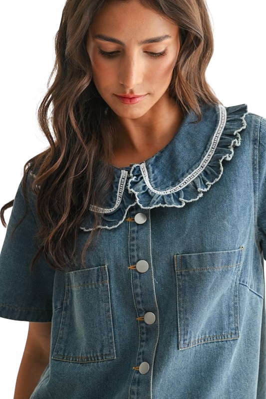 Denim Blouse With Ruffled Collar