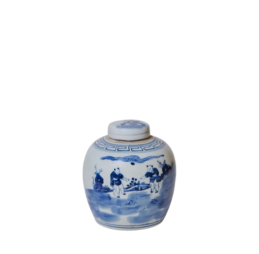 Blue & White Playing Children Round Jar