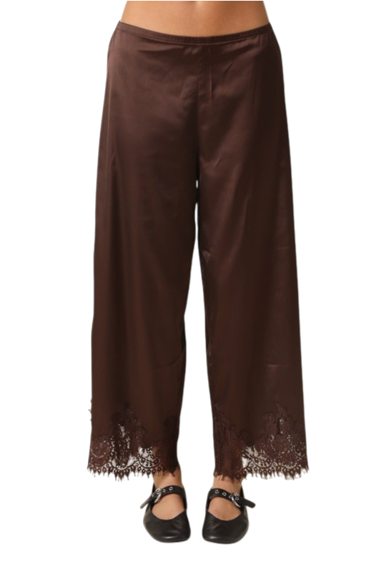 Brown Satin Lace Trim Pants