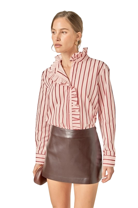 Pink & Burgundy Striped Ruffle Shirt
