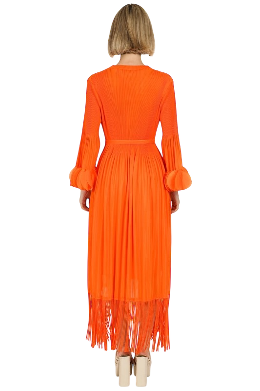 Orange Pleated Detail Fringed Maxi