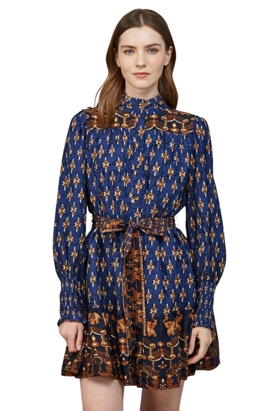 High Neck Collar Band Mini Ruffled Dress