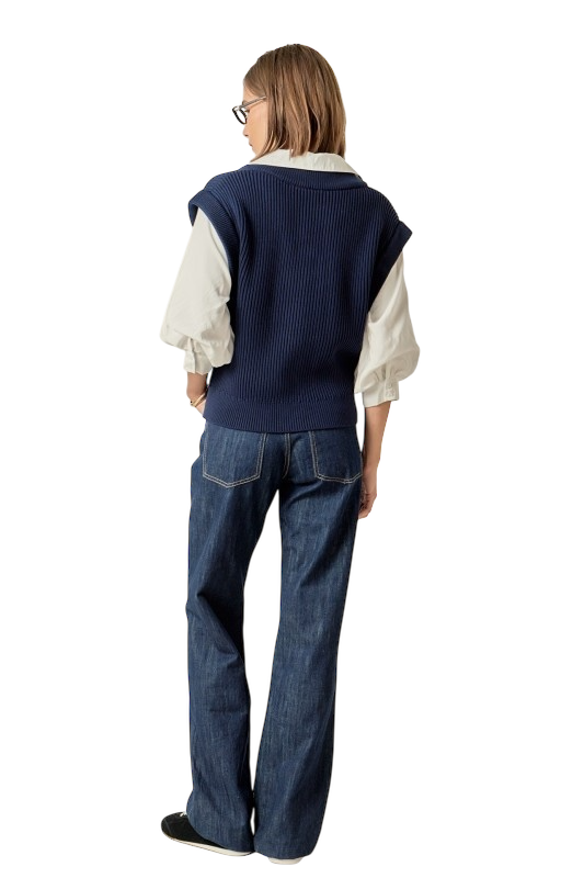 Mixed Media Top in Navy/White