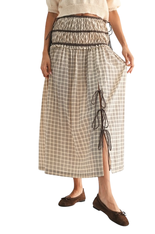 Checked Midi Skirt w/ Tailored Drawstring