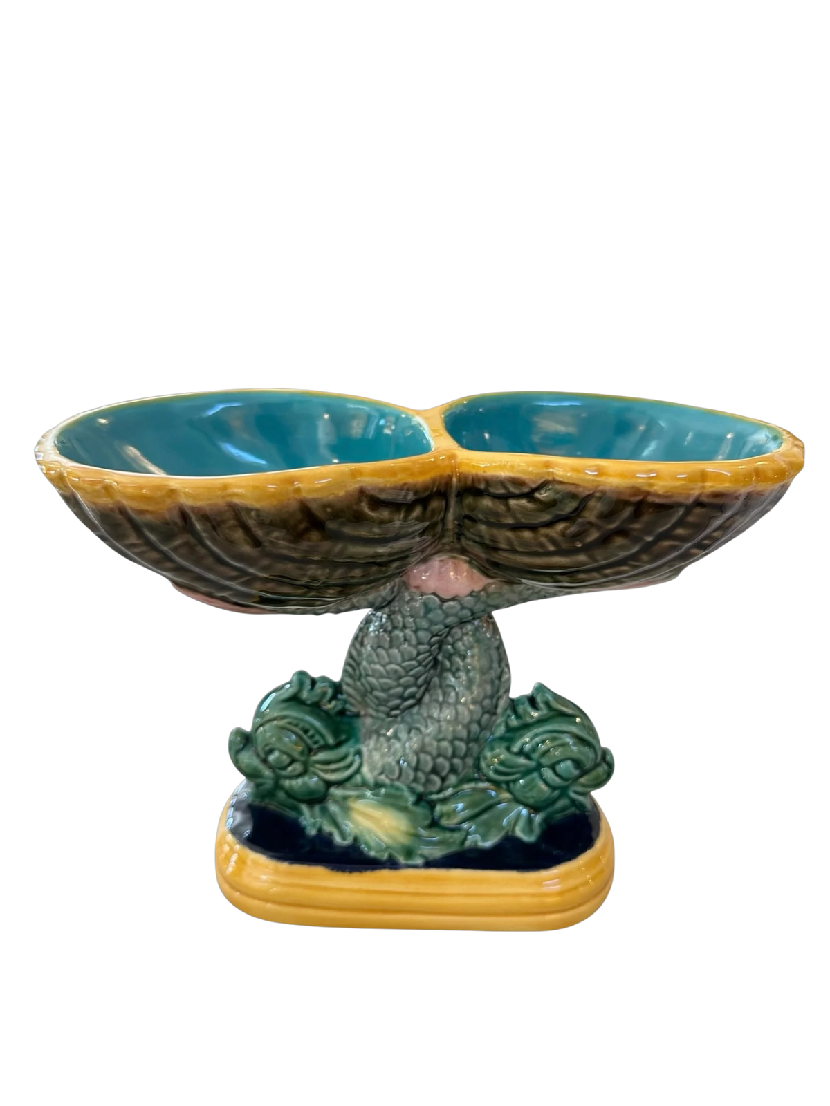 Vintage Majolica Dolphin Fish Double Shell Compote