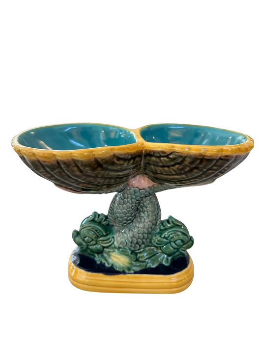 Vintage Majolica Dolphin Fish Double Shell Compote