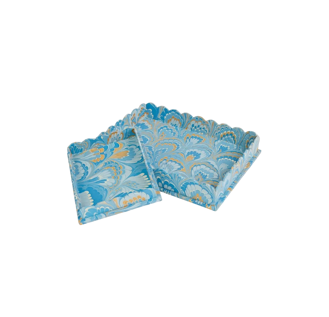 Marbled Scalloped Tray Set - Blue Golden Fan