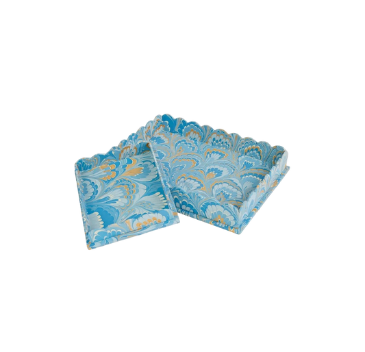 Marbled Scalloped Tray Set - Blue Golden Fan