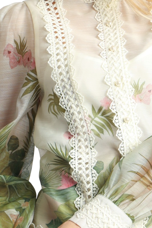 Tropical Lace Trim Gathered Mini Dress