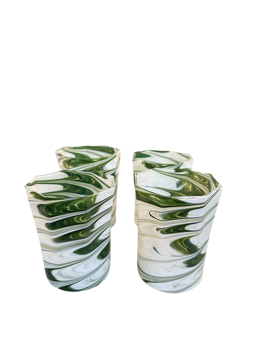 Set of 4 Short Avocado/White Marbled Octagonal Twist Glasses