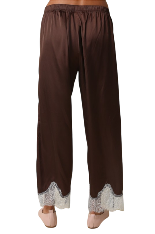 Brown & Light Blue Lace Trim Satin Pants