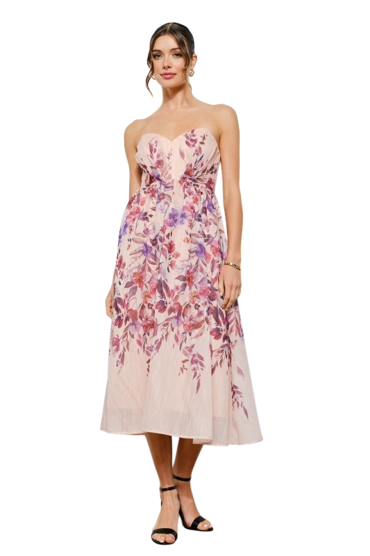 Sweetheart Strapless Floral Midi Dress