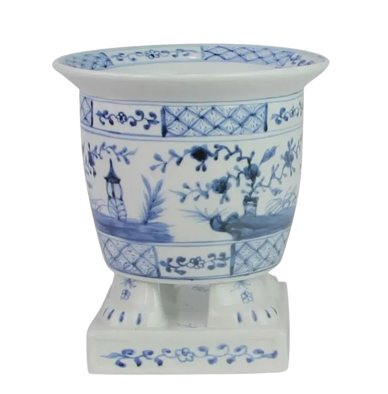 Light Blue Footed Village Scene Planter