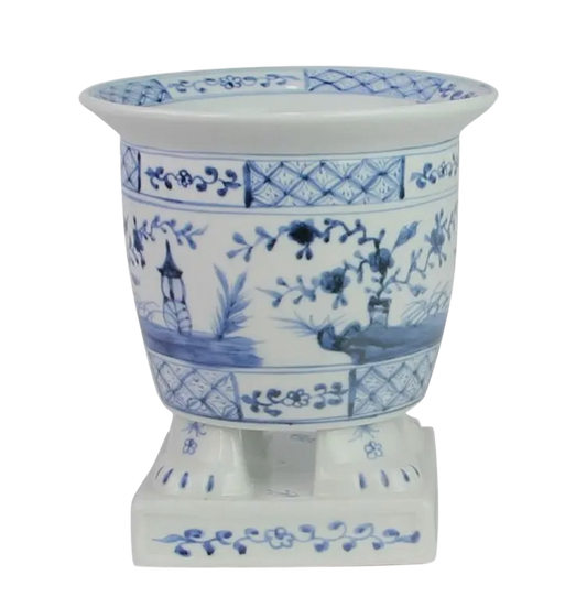 Light Blue Footed Village Scene Planter