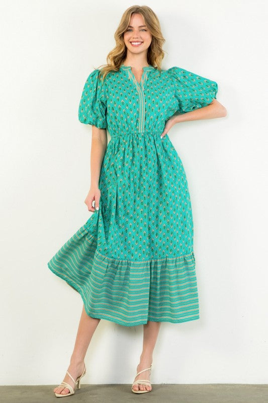 Puff Sleeve Block Print Midi