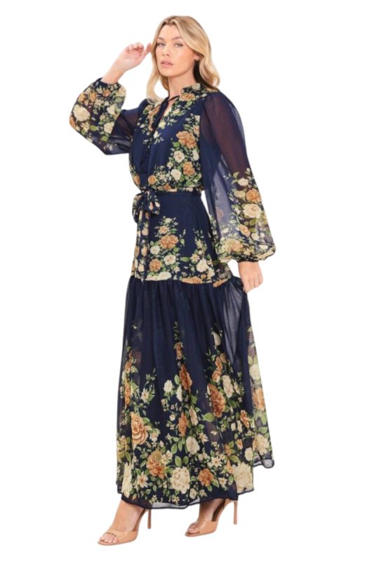 Navy Floral Long Sleeve Maxi